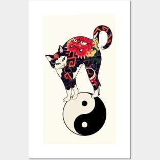JAPANESE CAT WITH DRAGON RED DEVIL TATTOOS ON YIN YANG SYMBOL Posters and Art